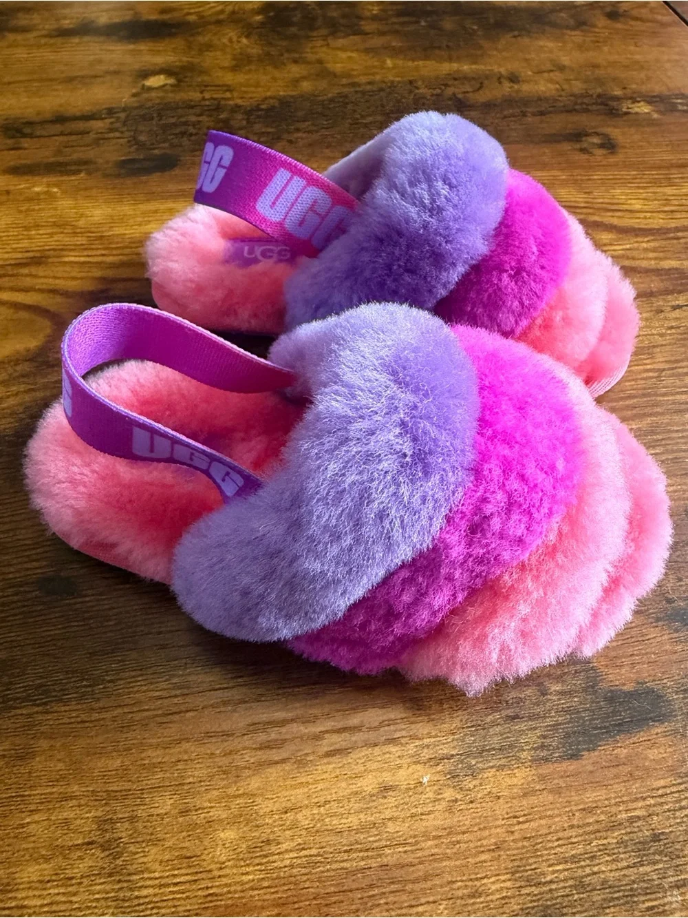 UGG Pink and Purple Fuzzy Slide Slippers Sz 8 Toddler